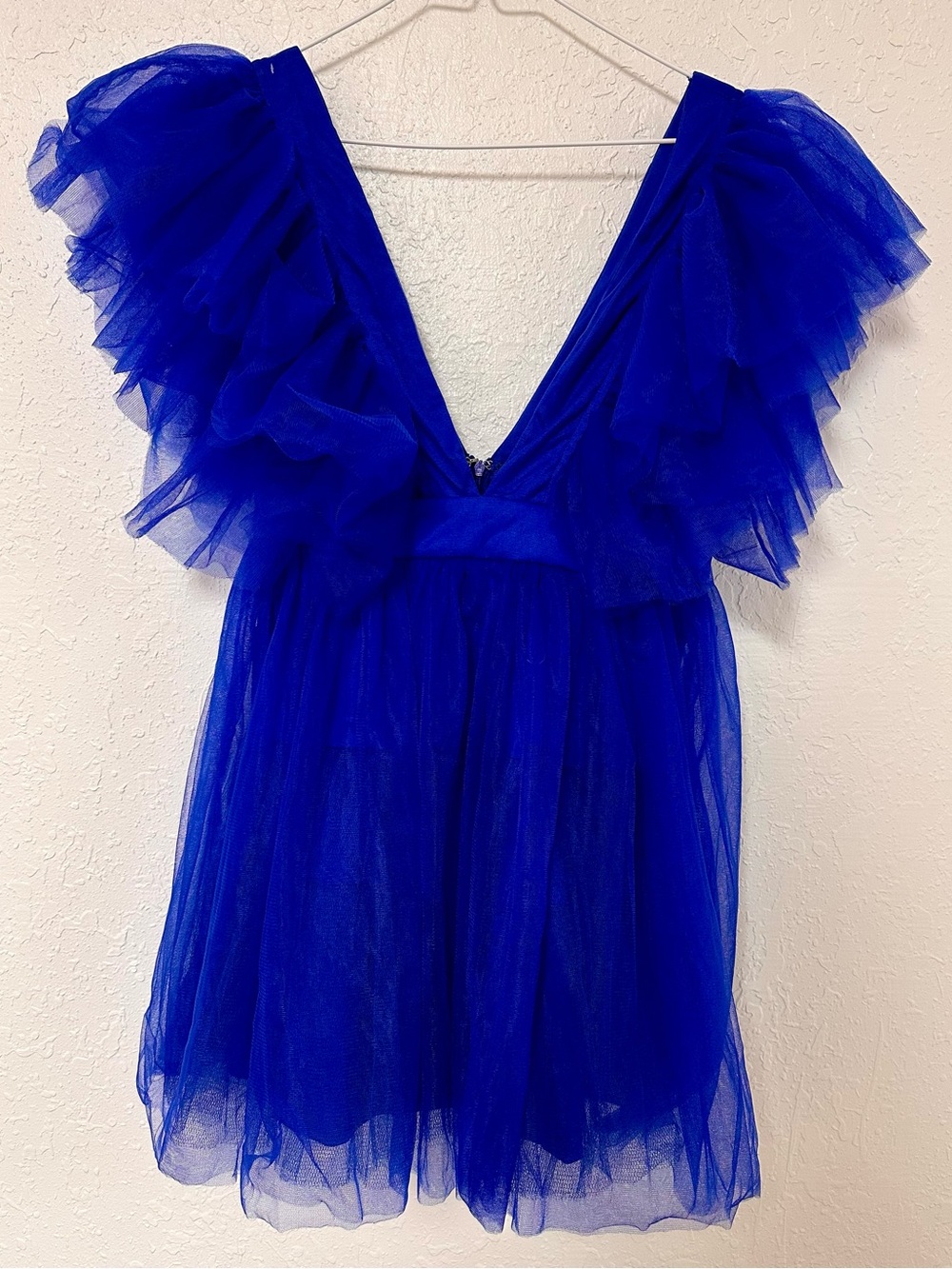 AKIRA Gimme Drama Royal Blue Deep V Tulle Ruffle Mini Dress - Size M